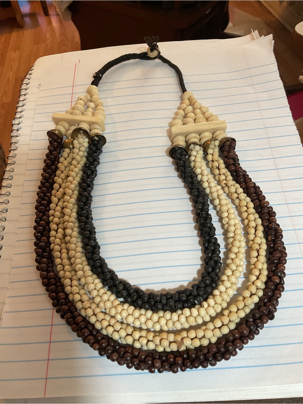 VTG BOHEMIAN STYLE Multi-Strand Beaded BONE &BRASS Necklace 22” long